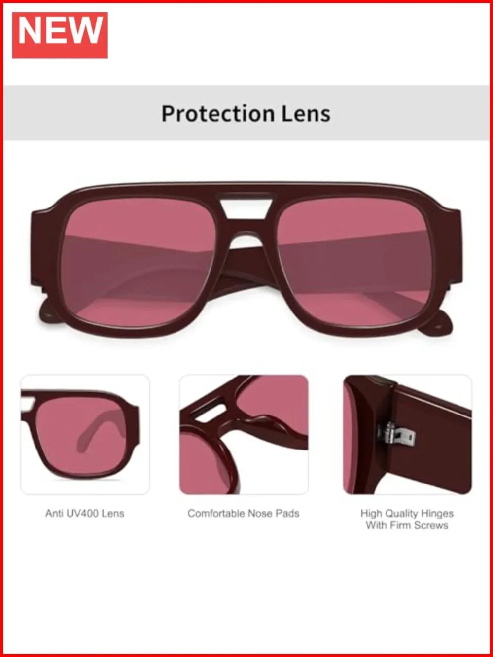 Retro Oversized Aviator Sunglasses Double Bridge UV400 Protection Glasses